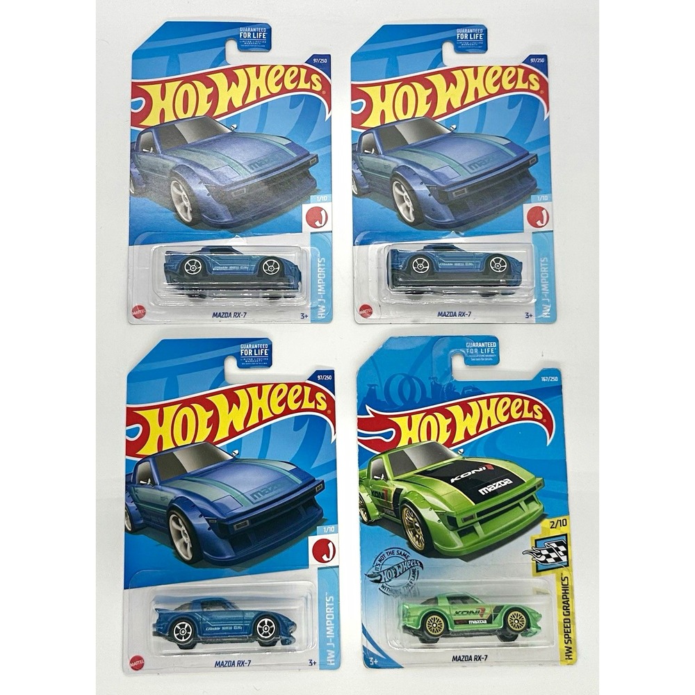 Hot Wheels Mazda RX-7 Lot of 4 1:64 Diecast HW J-Imports Blue Green Sealed JDM